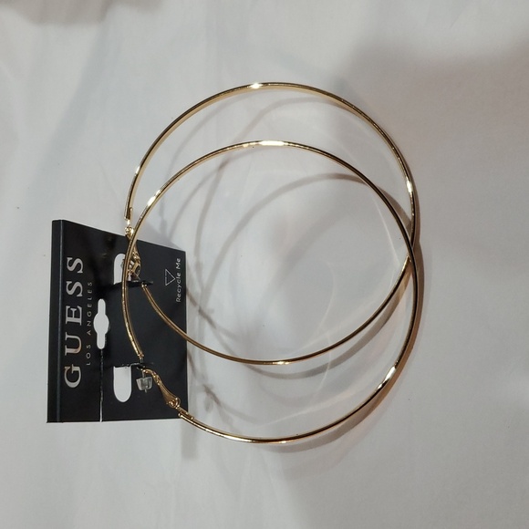 Guess gold tone thin polished flat edge oversized hoop circle‎ earrings new - Picture 1 of 8